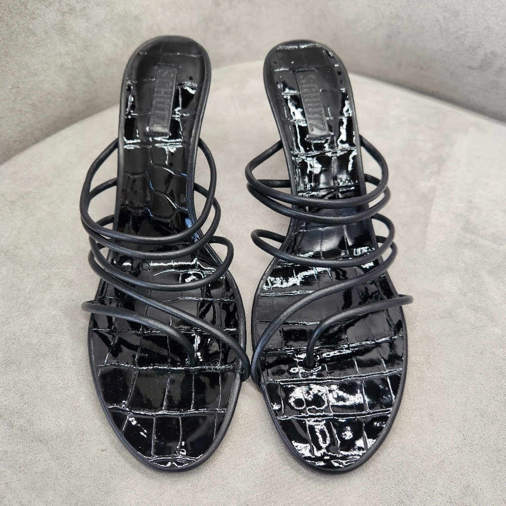 Schutz Heeled Sandals 10.5 Black Leather Malta Dainty Strappy Dressy New $130
